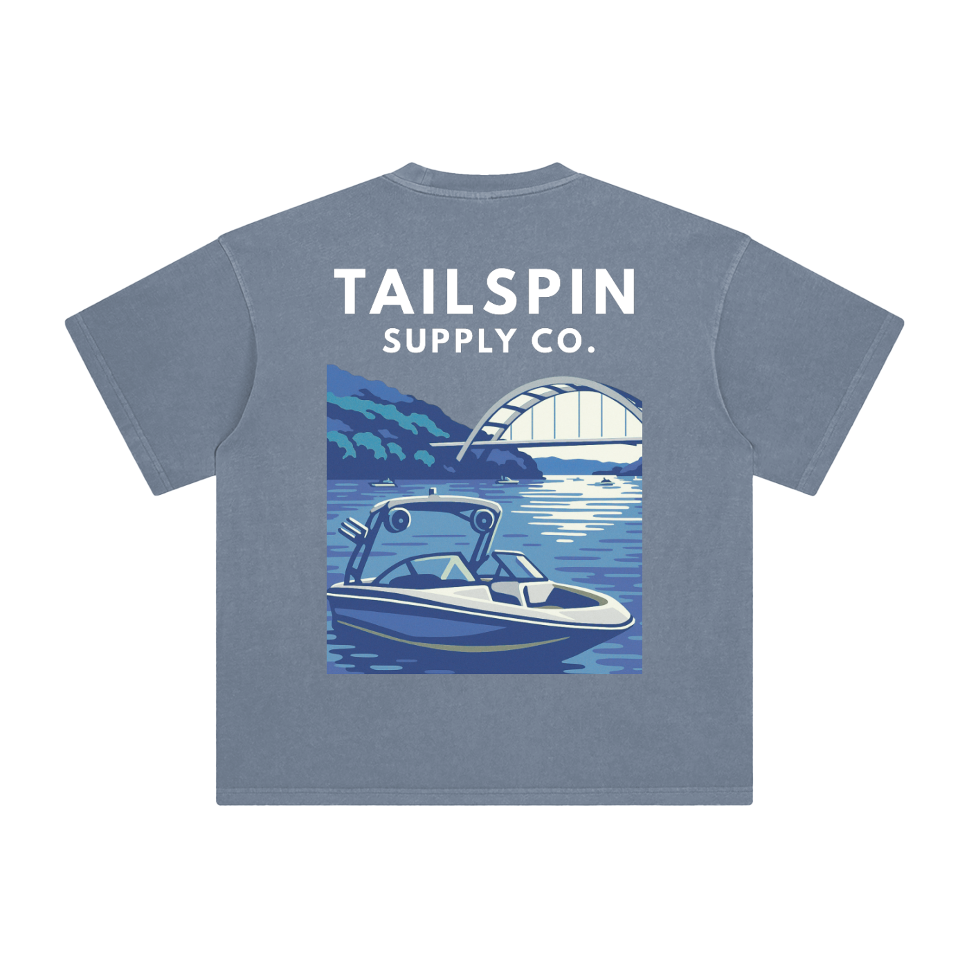Blue t-shirt with 'Tailspin Supply Co.' logo and boat graphic on a white background