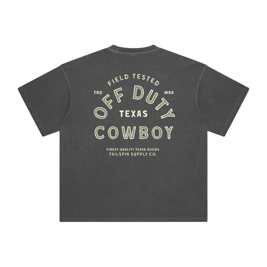 Gray t-shirt with 'Off Duty Cowboy' text on the back against a white background