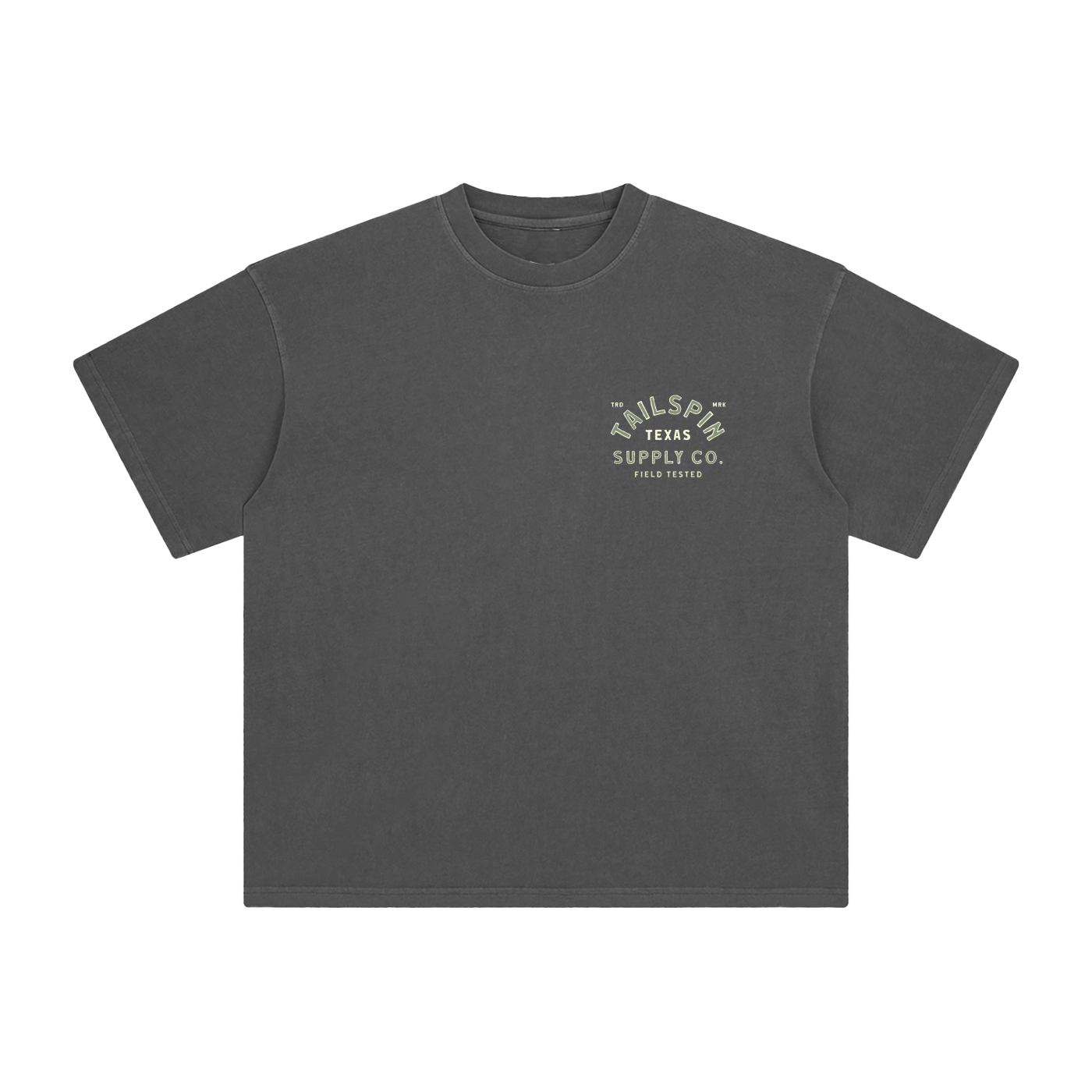 Black t-shirt with a graphic design on the chest against a white background