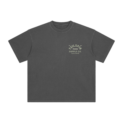 Black t-shirt with a graphic design on the chest against a white background